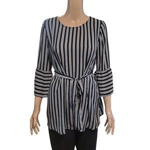 Tacera Maternity Sz S Black White Striped Belted Bell Sleeve Blouse Small FLAW